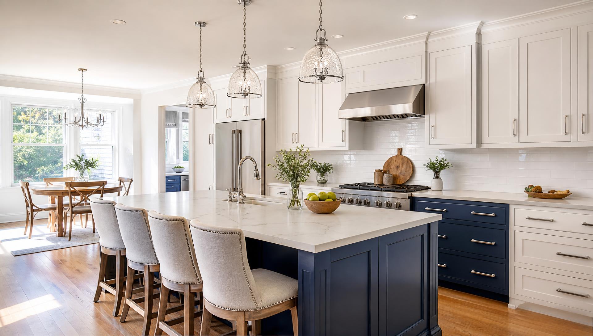 Custom navy shaker kitchen renovation with marble waterfall island